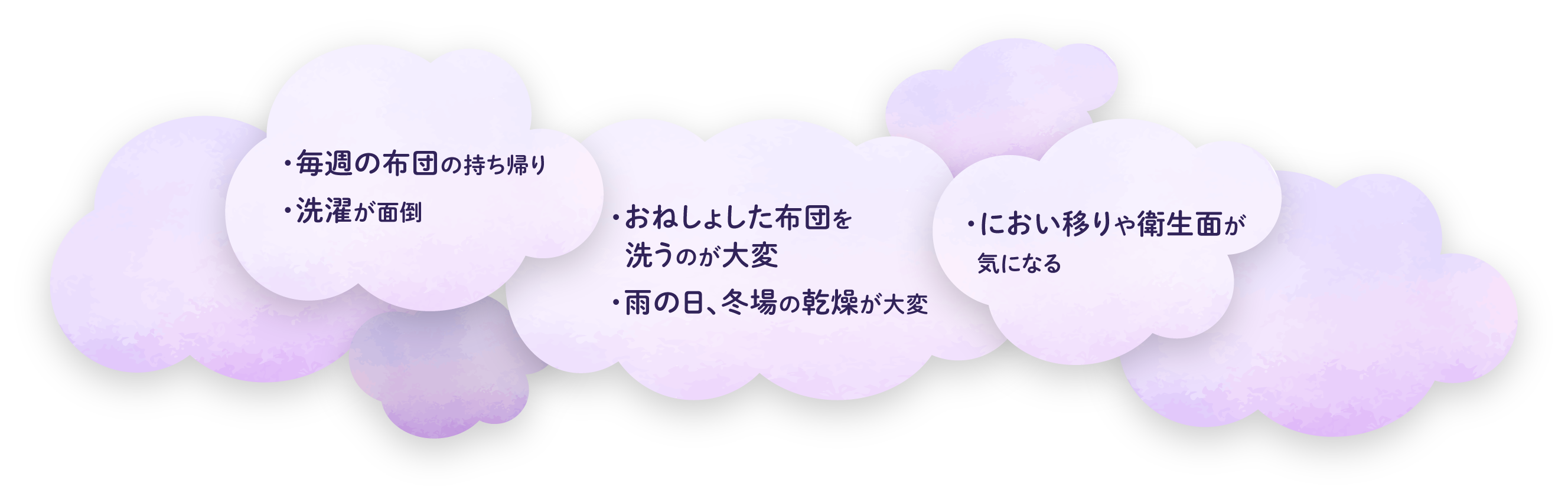・毎週の布団の持ち帰り・洗濯が面倒・おねしょした布団を洗うのが大変・雨の日、冬場の乾燥が大変・におい移りや衛生面が気になる
